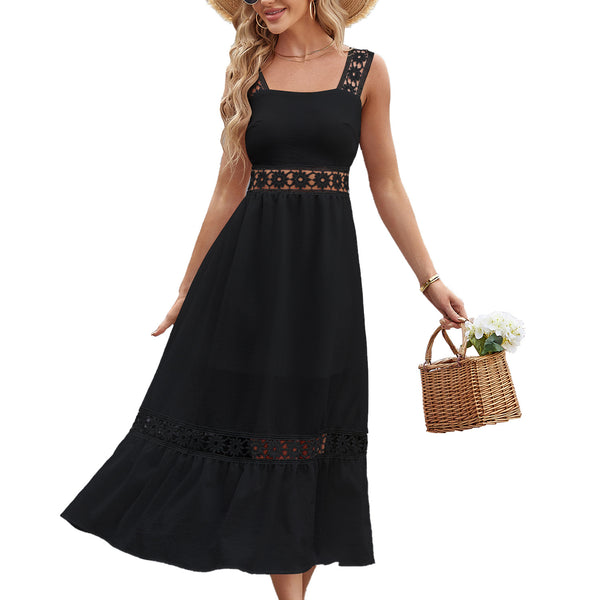 New Solid Color Hollow Lace Stitching Square Collar Sleeveless Strap Dress