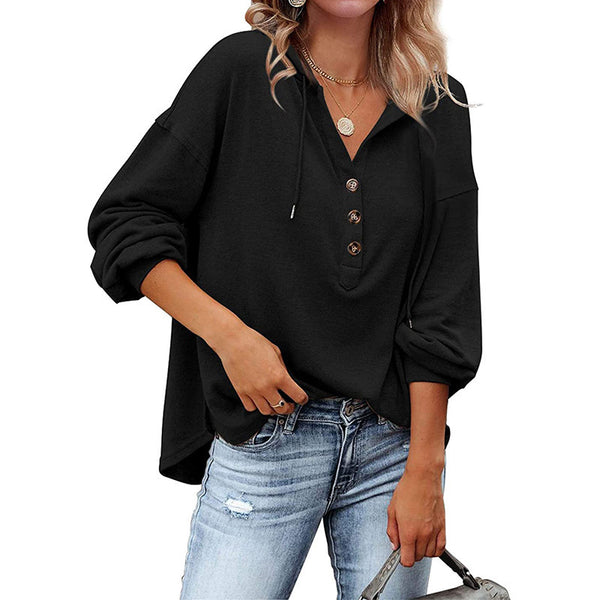 Women's V-neck Long Sleeve Loose-Fitting Casual Pullover Buckle Drawstring Sports Hoodie