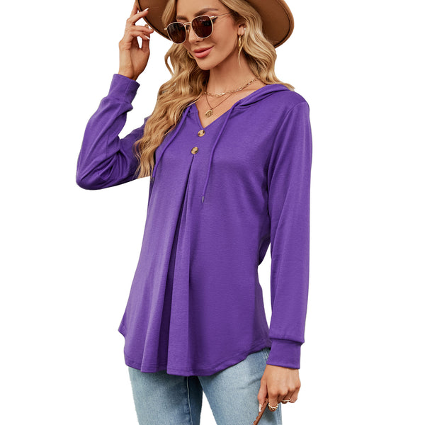 Autumn Winter New Solid Color V-neck Hooded Loose Long Sleeve Blouse for Women