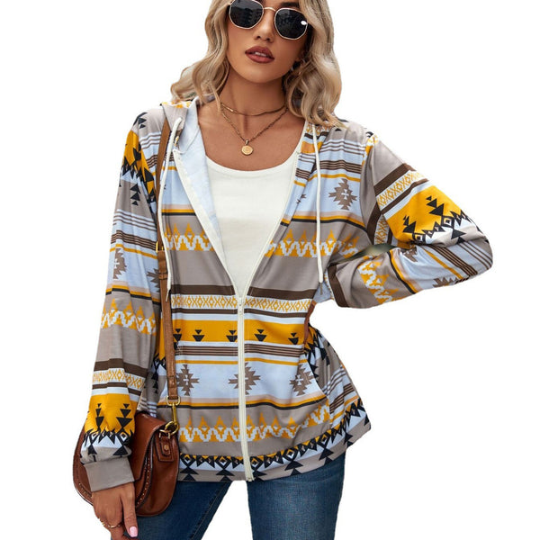 Aztec Geometric Pattern Long Sleeve Loose Hooded Pocket Sweatshirt Cardigan