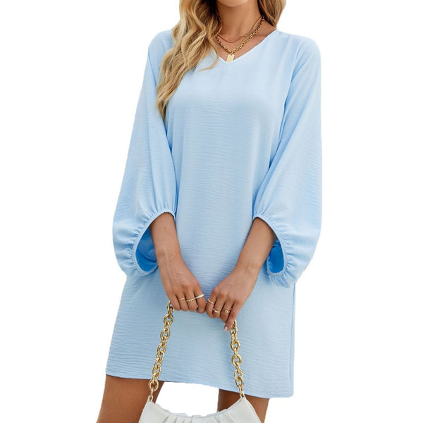 Autumn Winter New Solid Color V-neck Three-Quarter Puff Sleeve Loose Dress