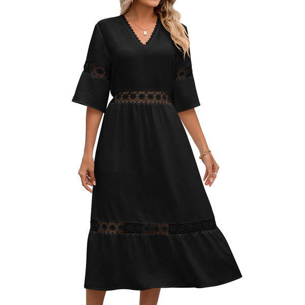 New Solid Color and V-neck Hollow Lace Stitching Half Sleeves Loose Dress