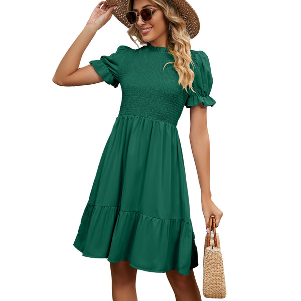 Summer round Neck Pleated Smocking Solid Color Short Sleeve Slim Fit Dress