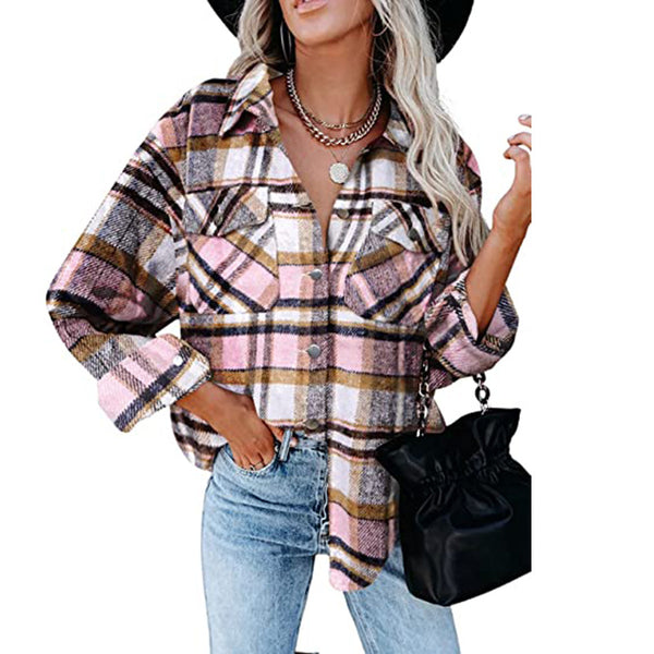 Women's Autumn and Winter Plaid Shirt Long Sleeve Loose Pockets Breasted Woolen Coat