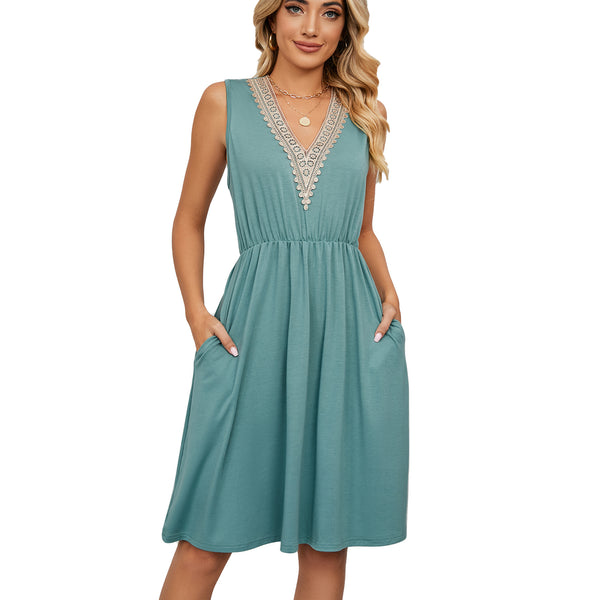 Solid Color V-neck Lace Stitching Sleeveless Pocket Waist Dress - WhatsFashion