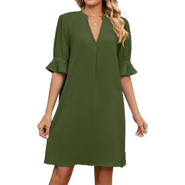 Summer New Solid Color and V-neck Loose Pleated Half-Length Sleeve Dress Women
