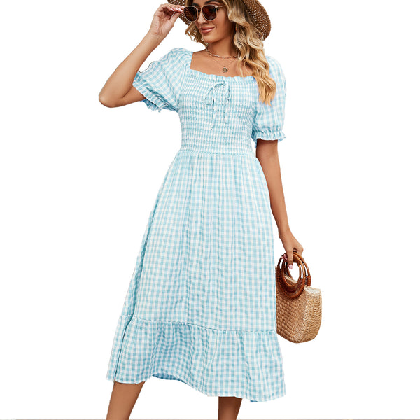 New Pleated Smocking Lace-up Short Sleeve Square Collar Long Plaid Dress