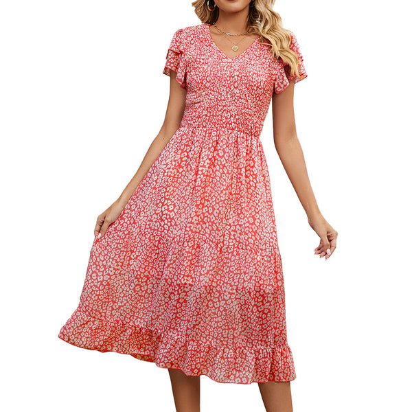 Summer V-neck Pleated Printed Chiffon Patchwork Waist-Slimming Dress for Women