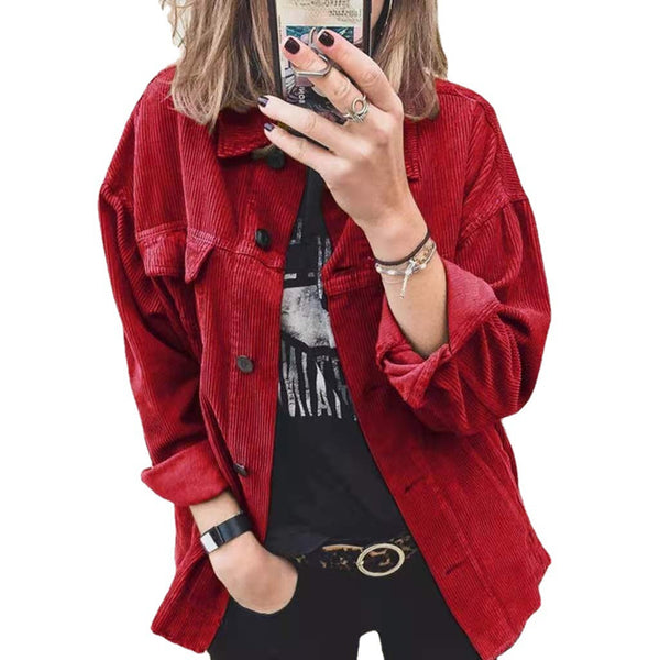 Women's Corduroy Solid Color Breasted Casual Loose Long Sleeve Shirt Women
