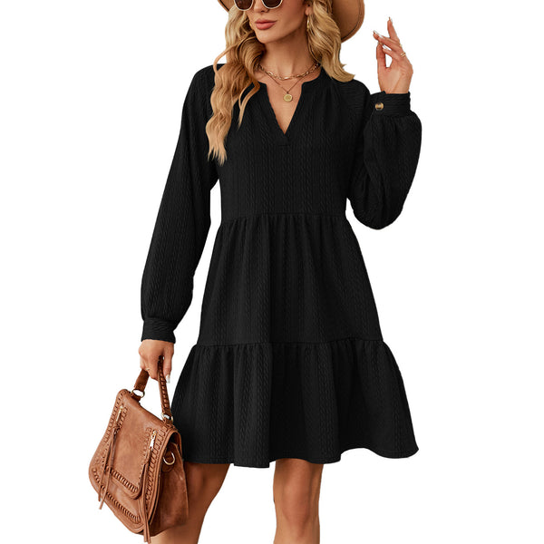 Autumn Winter New Solid Color V-Neck Loose Pleated Stitching Long-Sleeved Dress