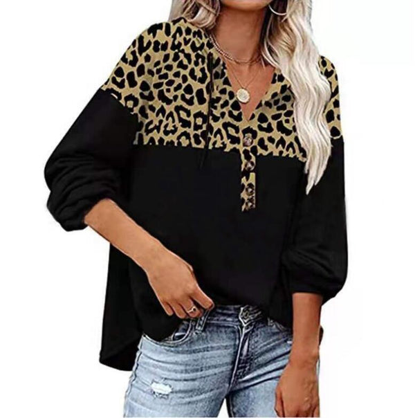 Borchia da donna con stampa leopardata per maglione con cappuccio a maniche lunghe casual con cuciture autunnali e invernali