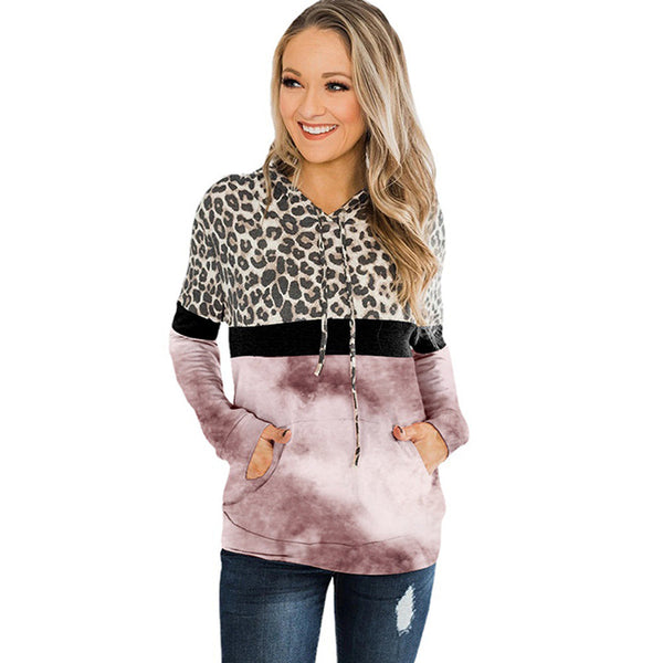 Borchia da donna con stampa leopardata per maglione con cappuccio tascabile a maniche lunghe con cuciture tie-dye autunno e inverno